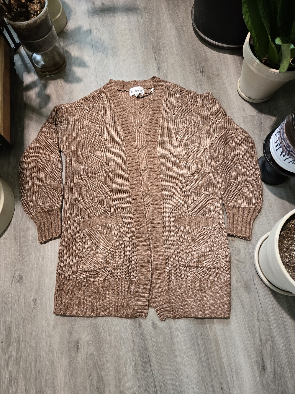 Olive & Oak Cozy Cable Knit Cardigan in Taupe